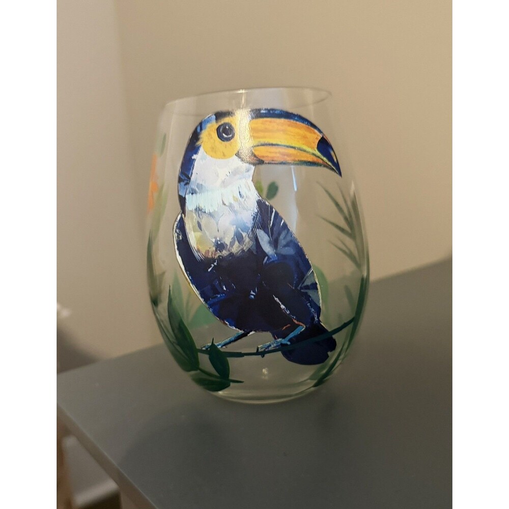 PIER 1 Toucan Hand Painted Tropical Flowers Stemless Wine Glass Cup